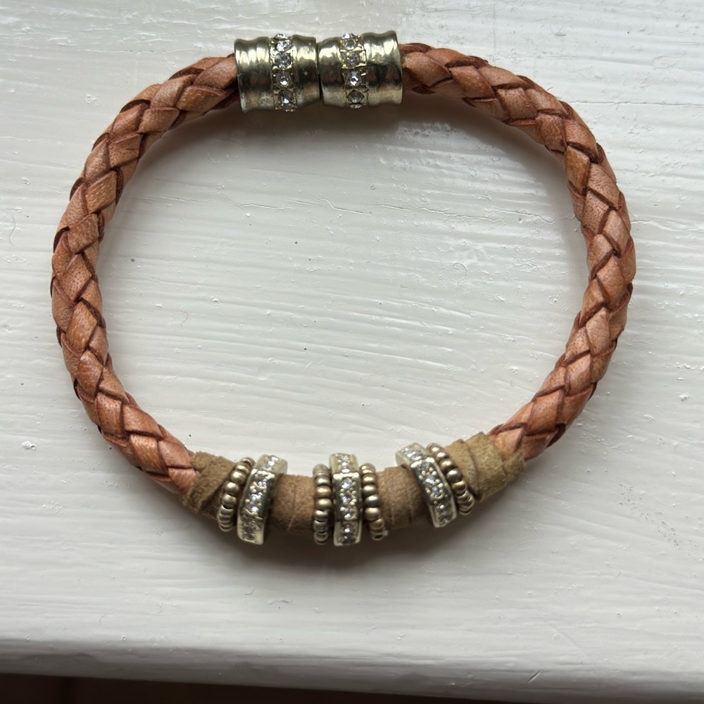 2/$10 Braided Faux Leather Bracelet with Silver Accents and Rhinestone